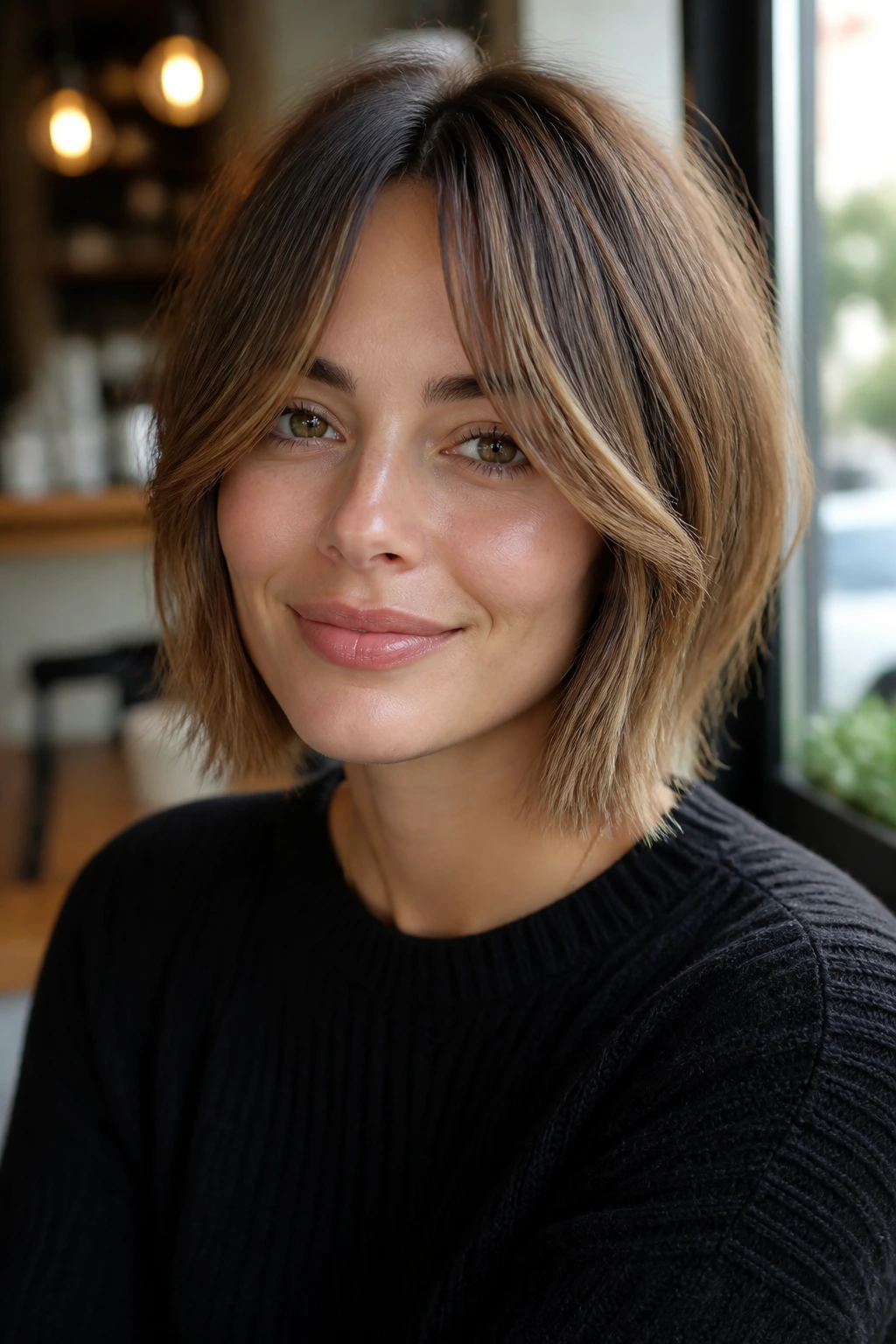 Portrait of a woman with curtain bangs integrated into chin-length bob