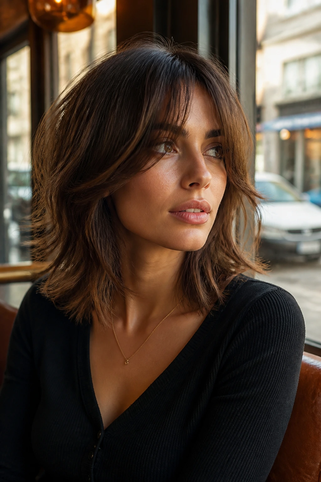 Close-up of real person with curtain bangs and choppy layers