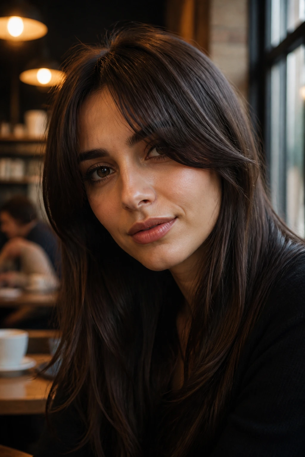 Real woman with espresso curtain bangs framing her face
