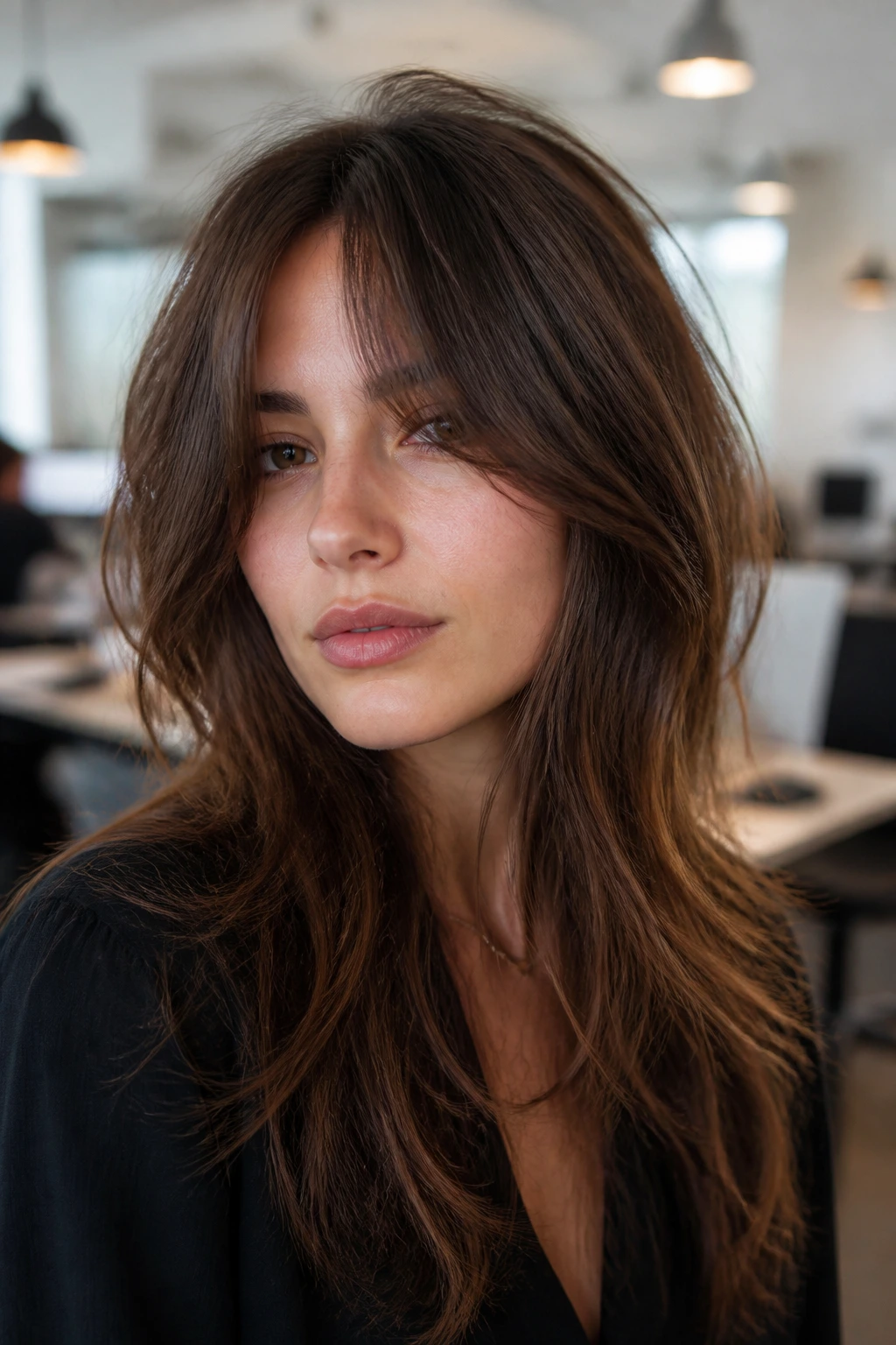 Close-up of a real woman with curtain bangs and face-framing layers