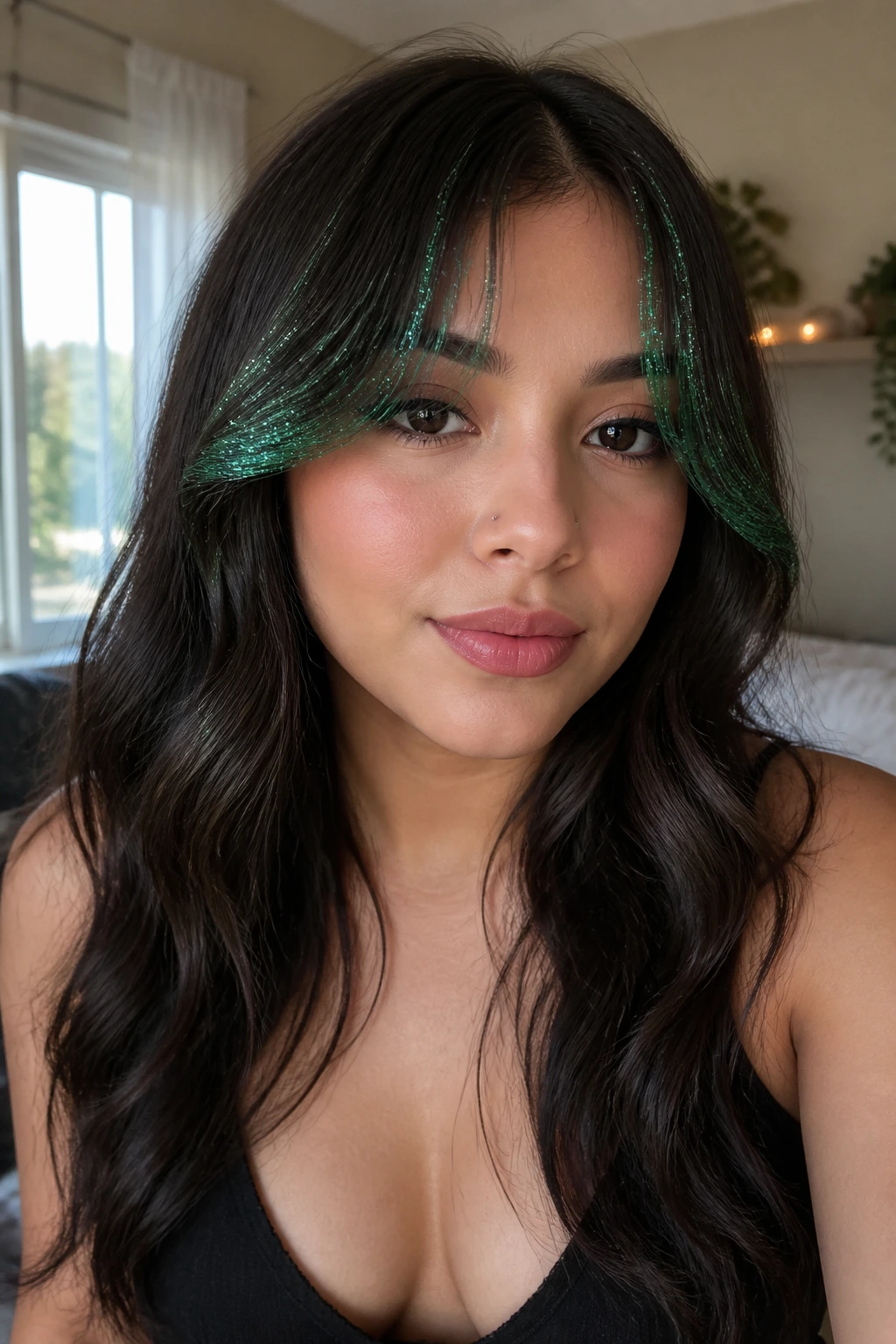 Close-up portrait of a real woman with evergreen glitter on curtain bangs