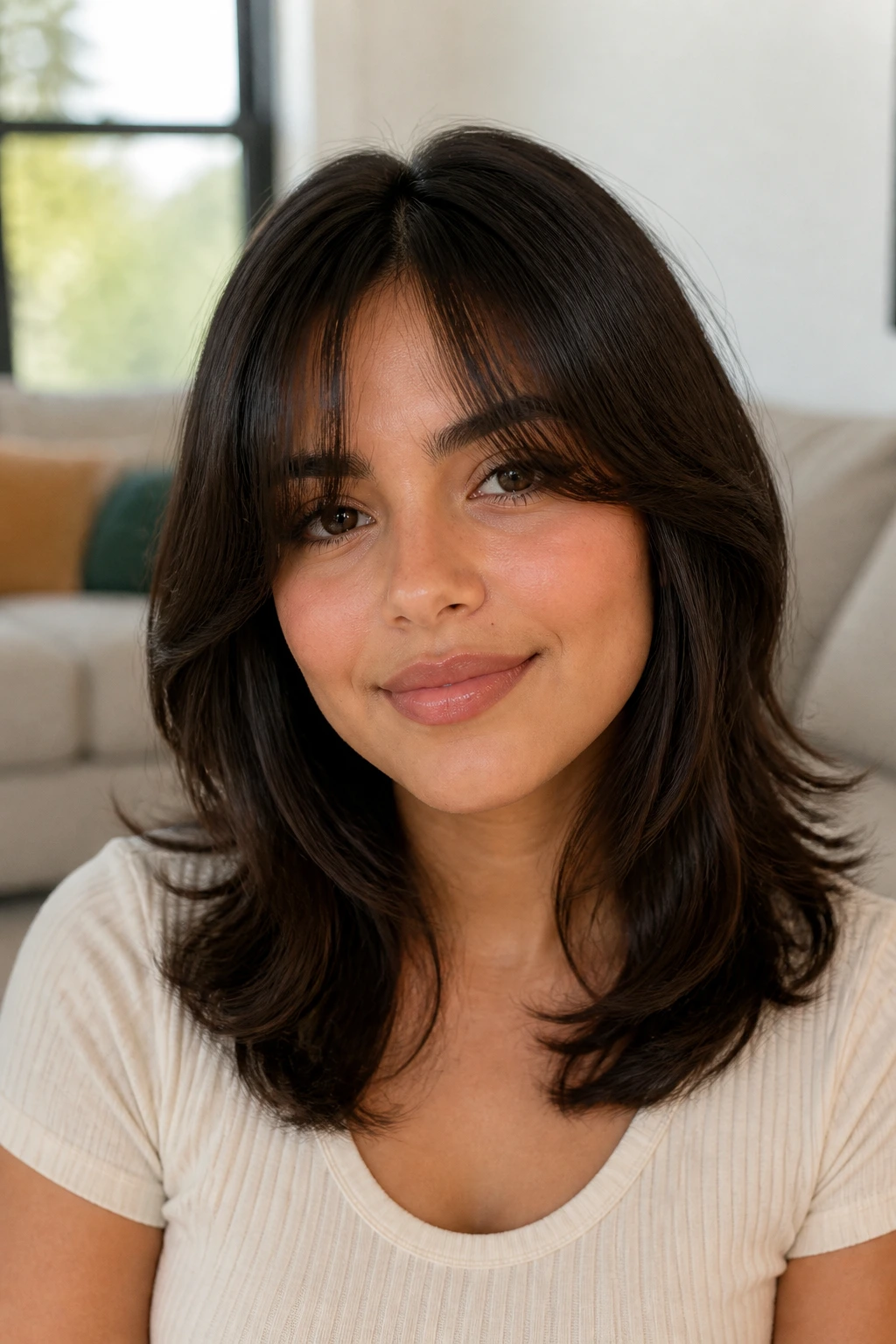 Portrait of a real woman with soft curtain bangs and mid-length layered hair