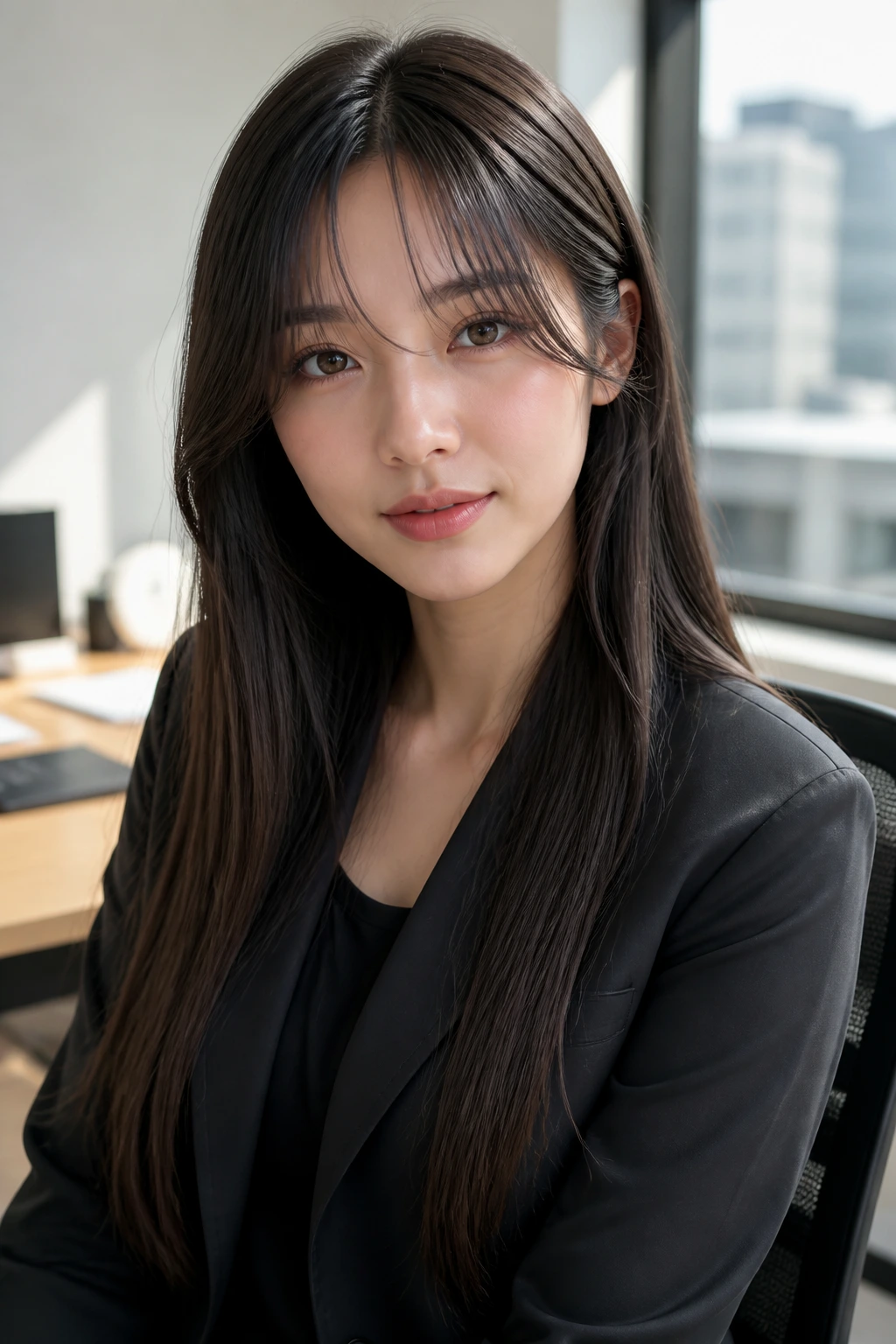 Portrait of real person with curtain bangs and long straight hair in an office
