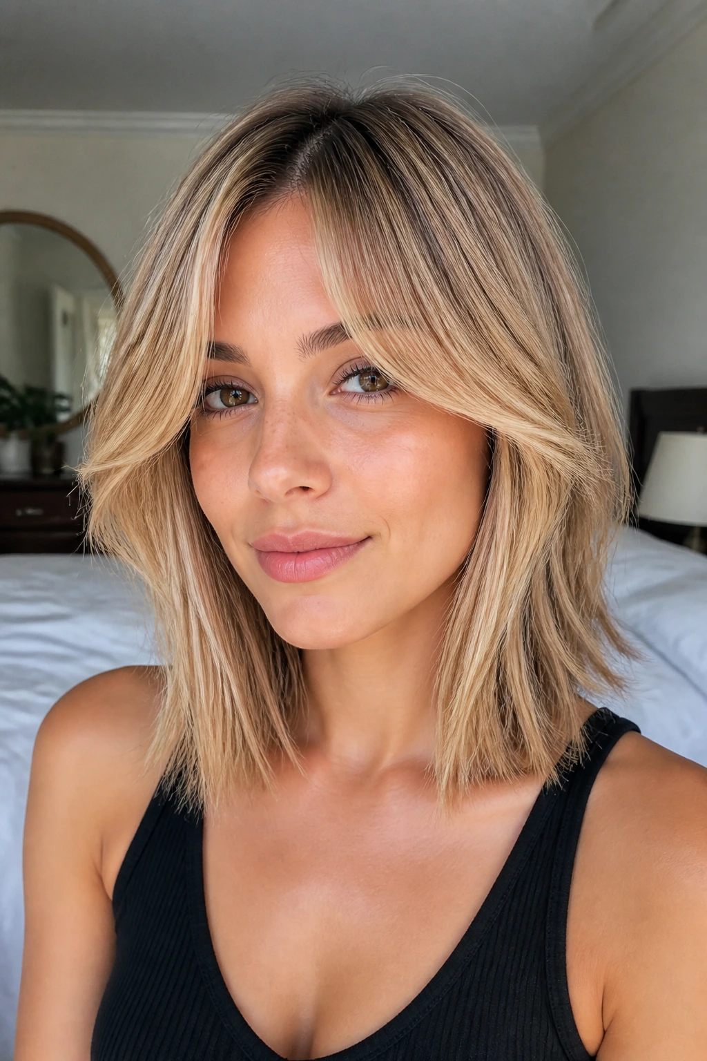 Portrait of a woman with curtain bangs and mid-length cut framing her face