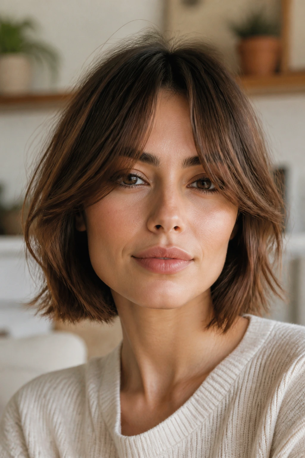 Real person with curtain bangs framing square-face shape