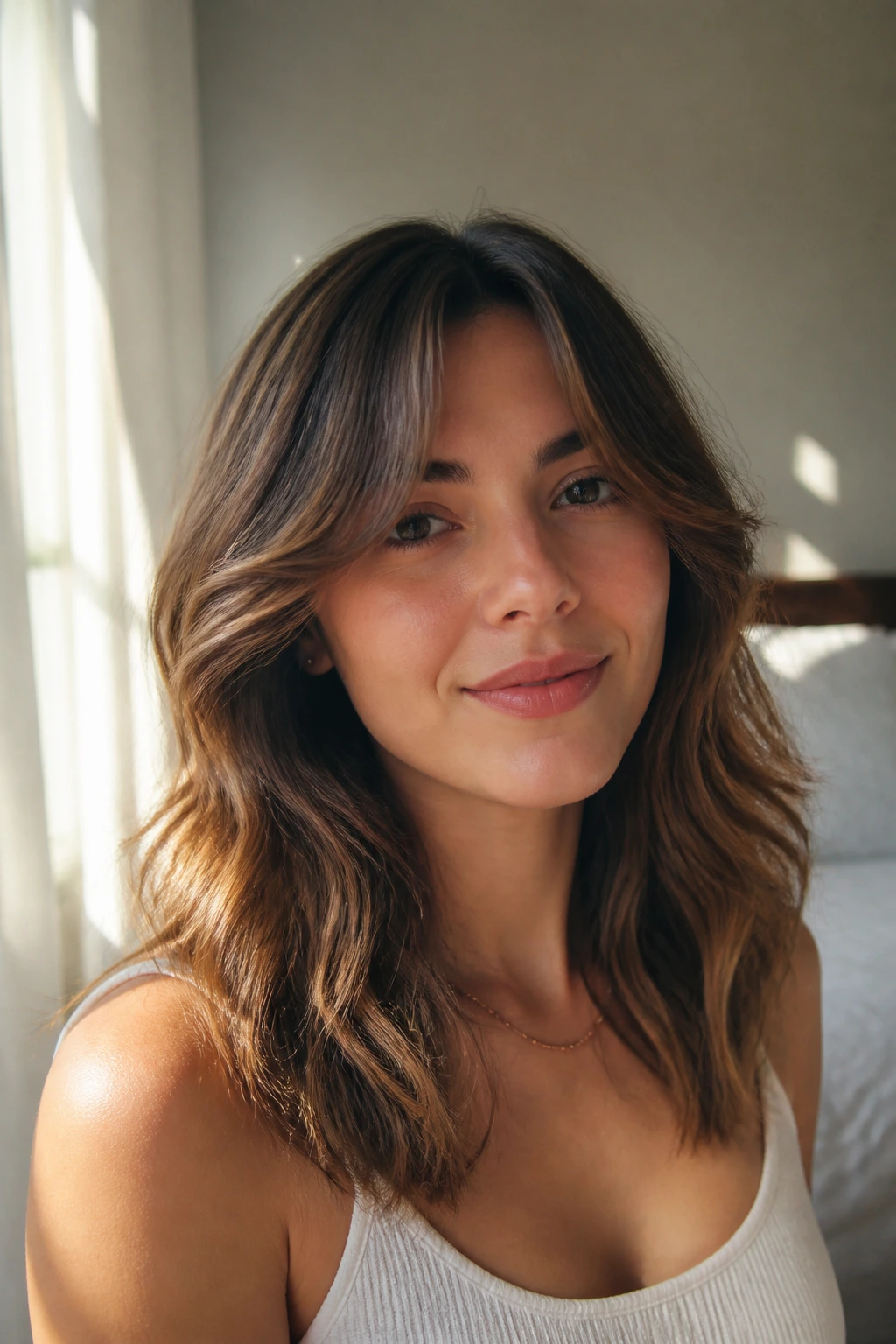 Portrait of a woman with curtain bangs and mid-length waves in natural light.