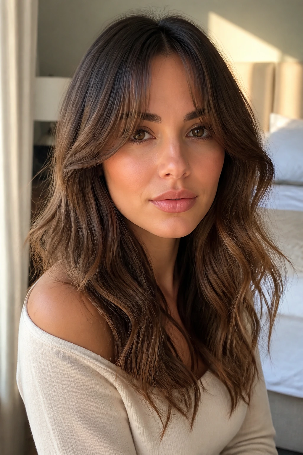 Close-up portrait of a real woman with curtain bangs and loose waves