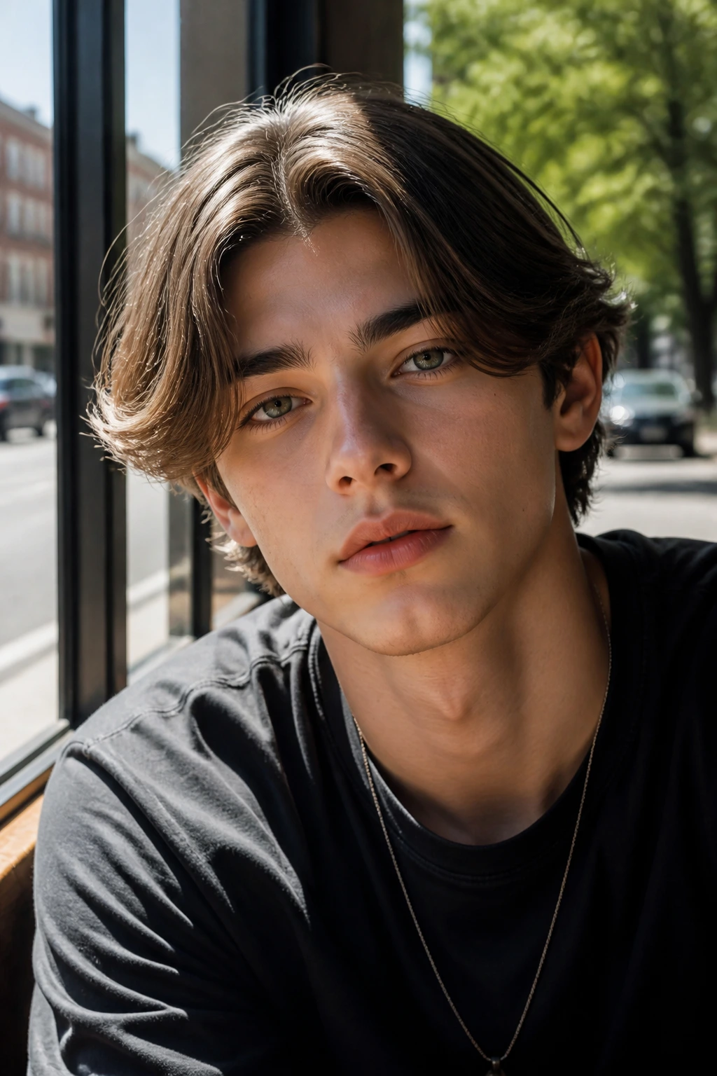 Close-up of a teen with a messy curtain cut featuring a middle part and flowing hair.