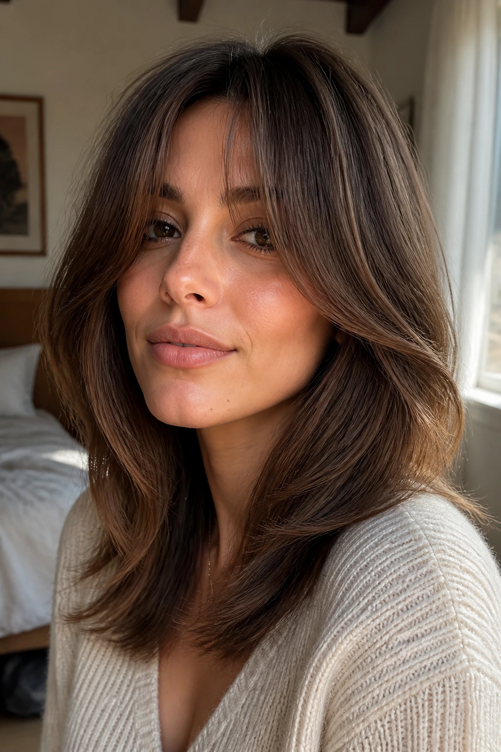 Close-up portrait of a woman with curtain-fringed mid-length hair