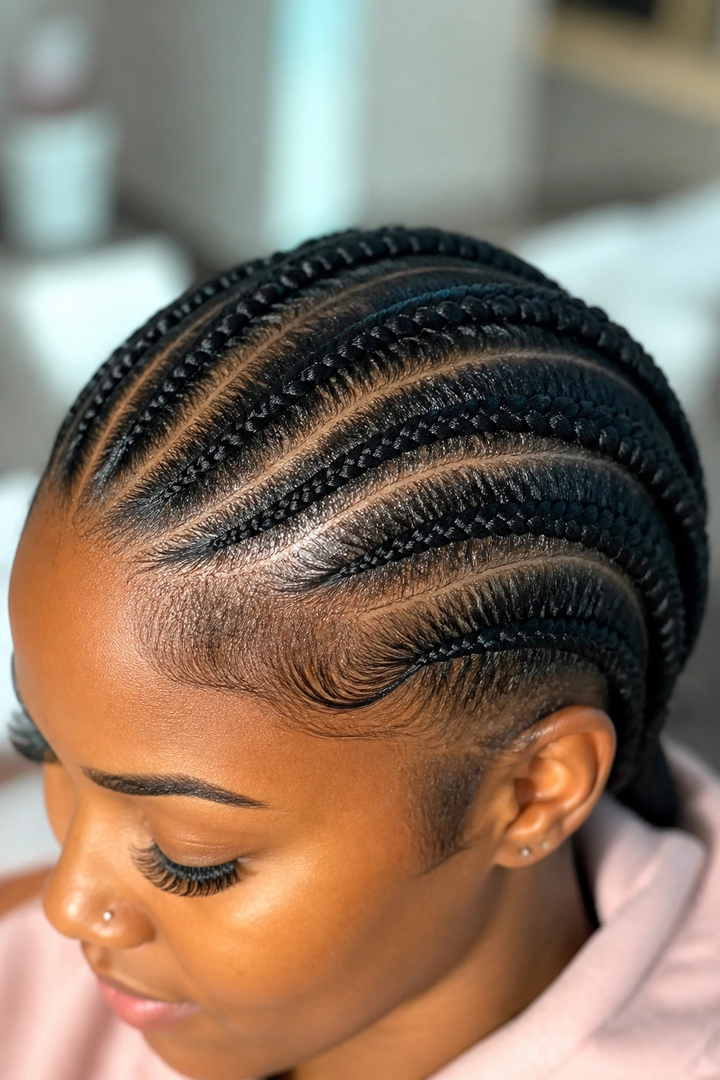Close-up of curved four-braid pattern arching across the scalp on a real person