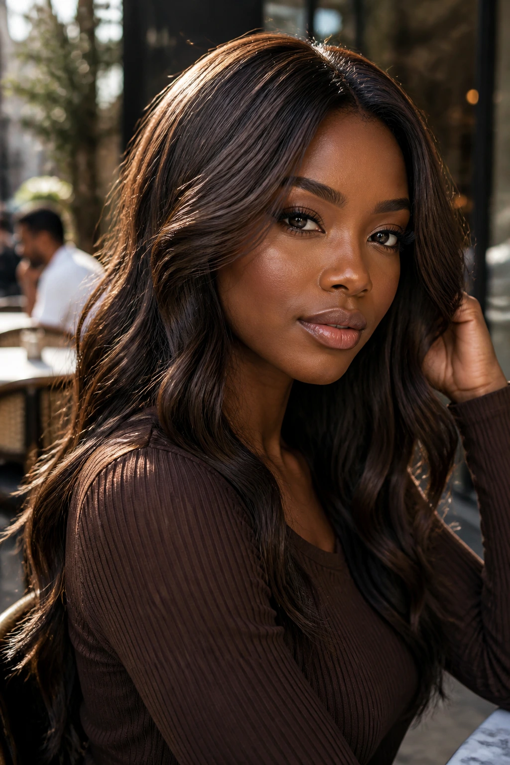 Portrait of a woman with dark chocolate brown hair in soft sunlight