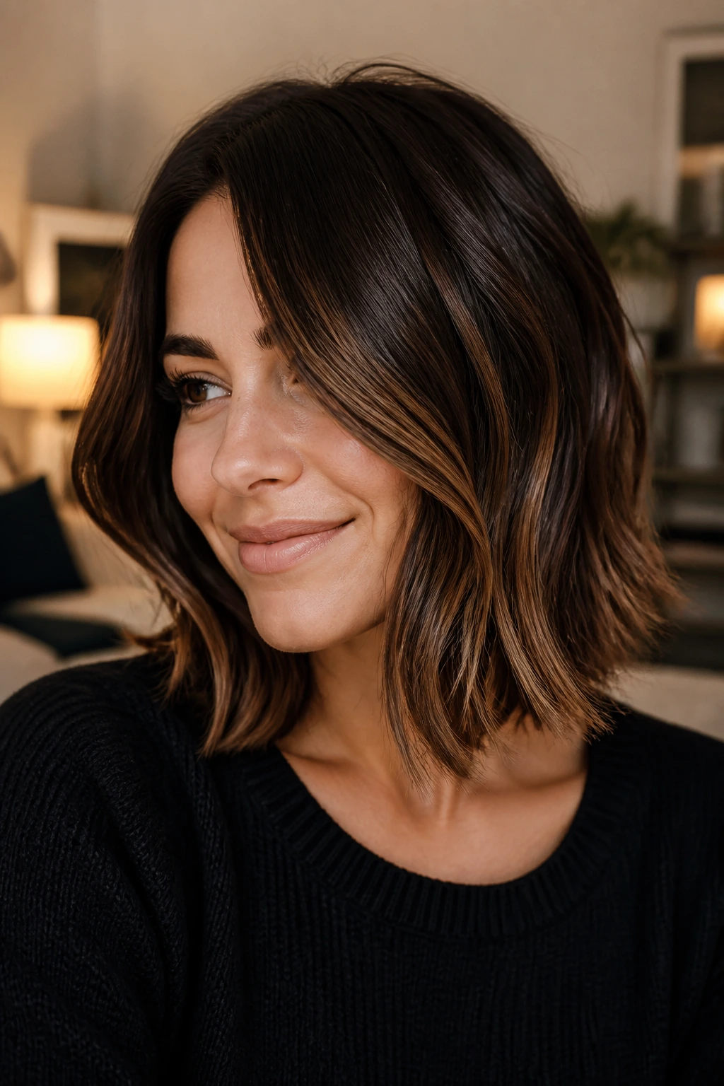 Portrait of a real woman with dark chocolate base hair and cinnamon balayage