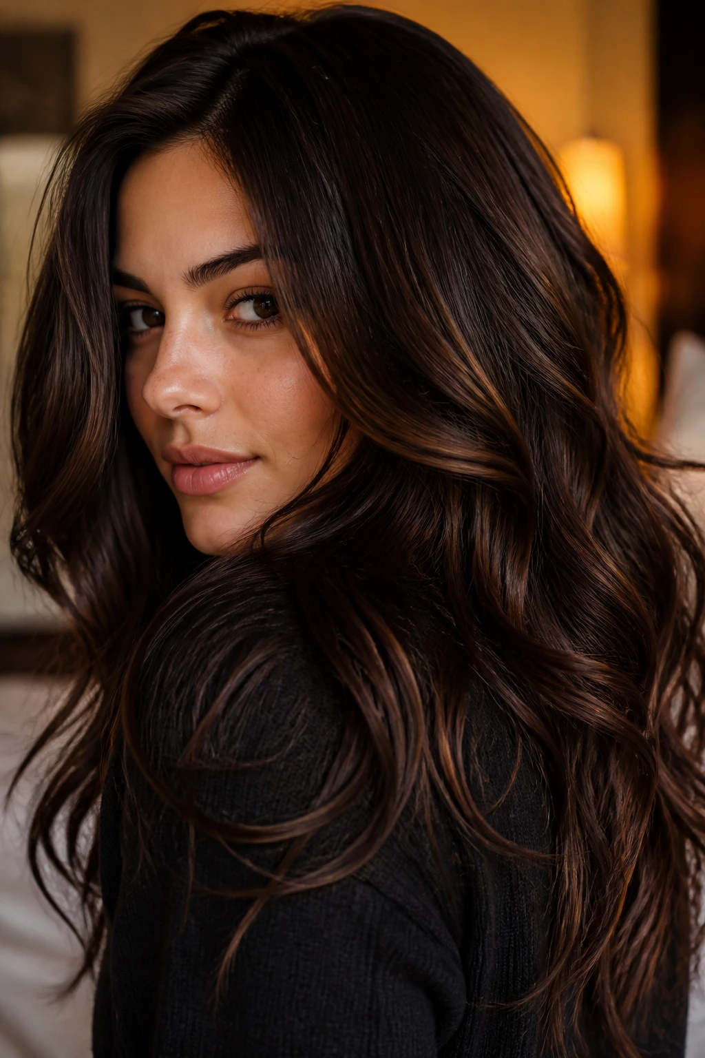 Close-up of a real person with dark chocolate hair and warm highlights.