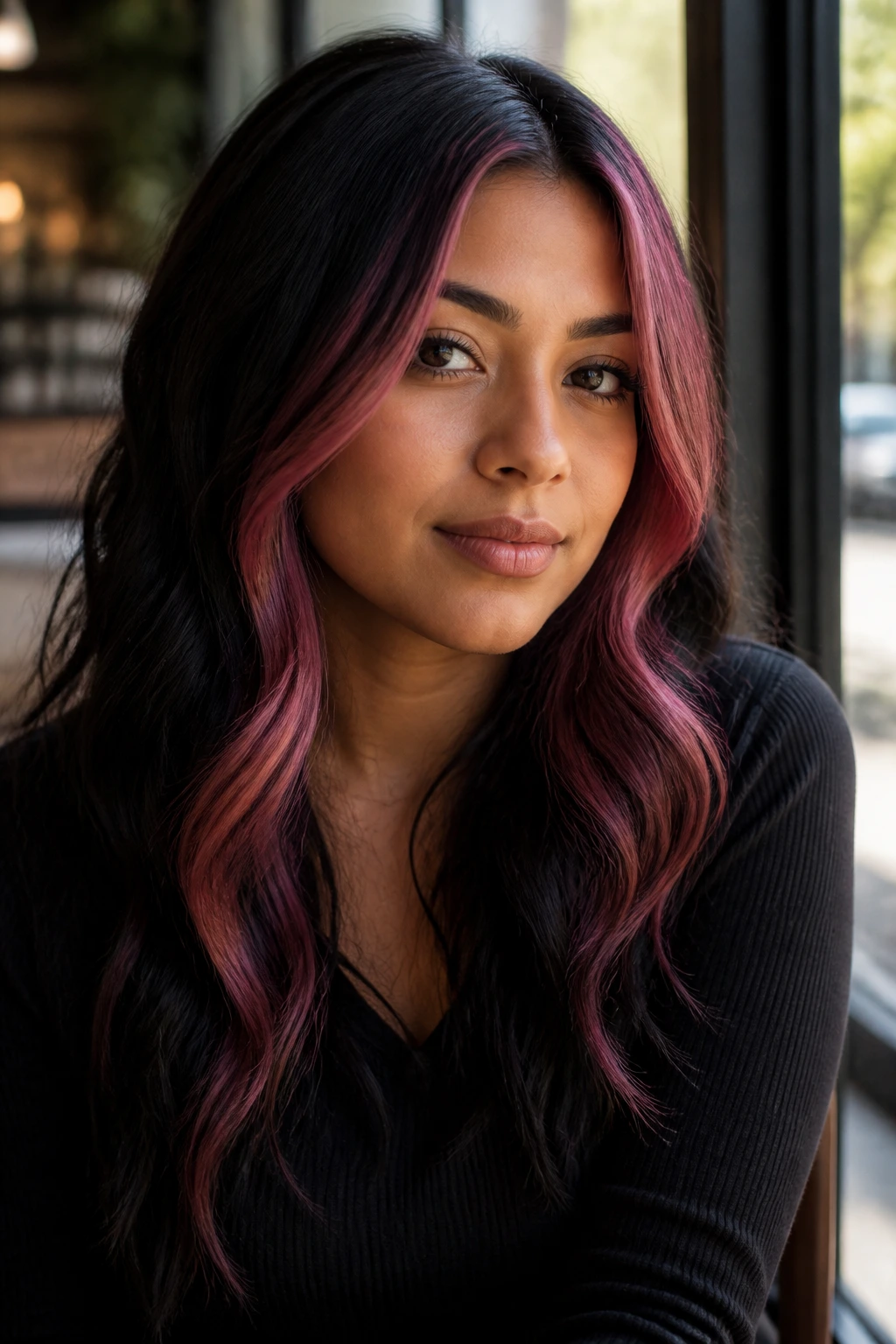 Close-up of a real woman with dark mauve money pieces framing her face by a cafe window