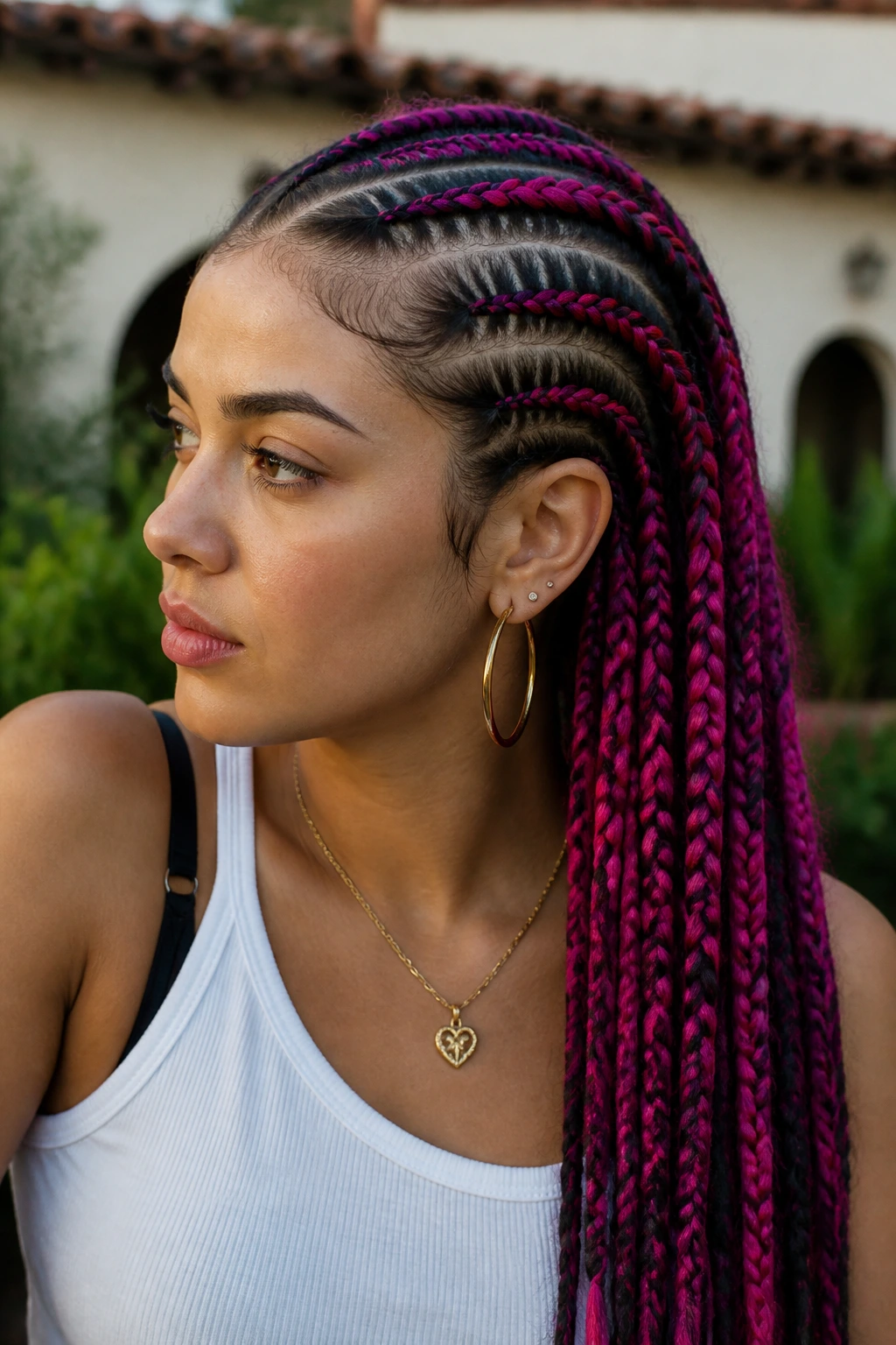 Portrait of a real person with dark pink braided accents in cornrows
