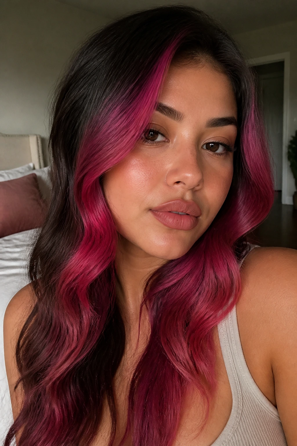 Close-up of a real woman with dark pink face-framing waves around the cheeks