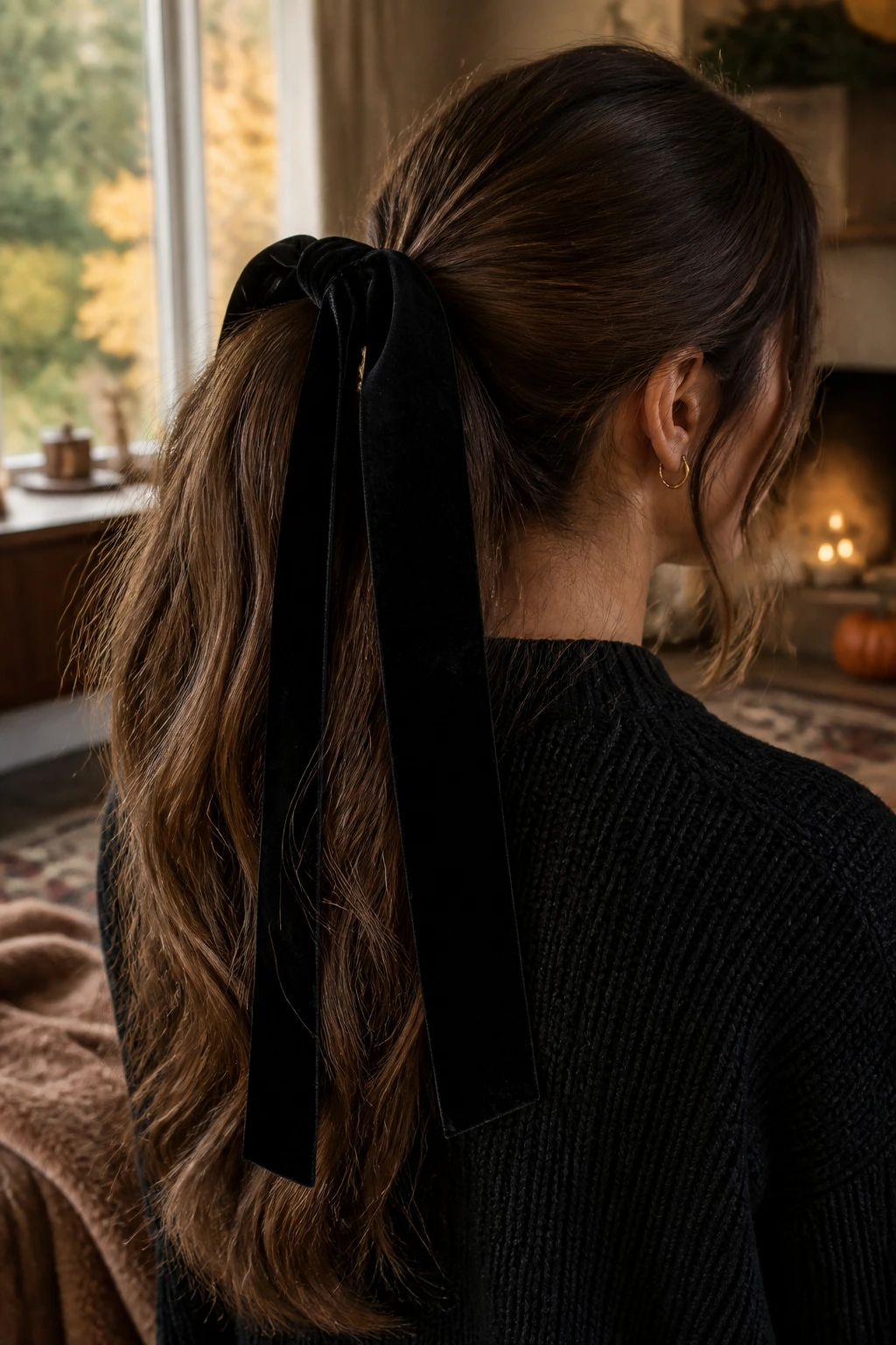 Close-up of a real person with a dark velvet ribbon tied around a ponytail, moody autumn lighting