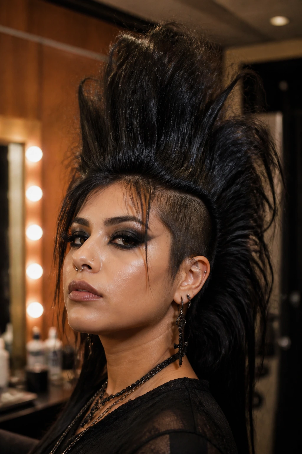 Close-up of a real Latina woman with a towering teased deathhawk in a backstage setting