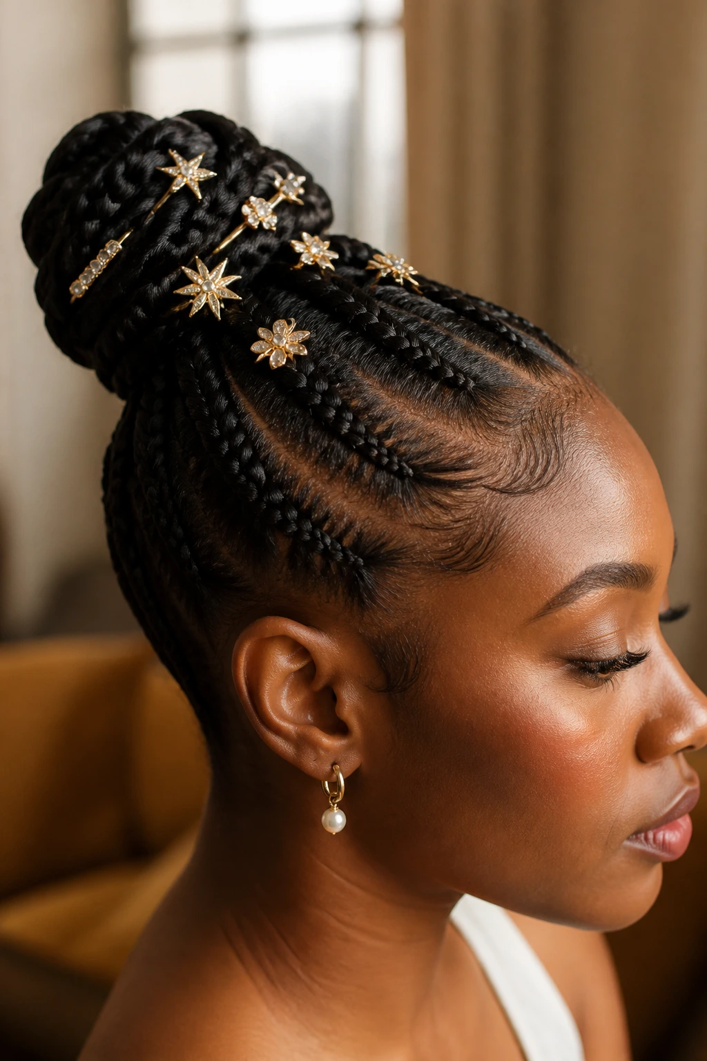 Real woman with decorative hair pins in a bun.