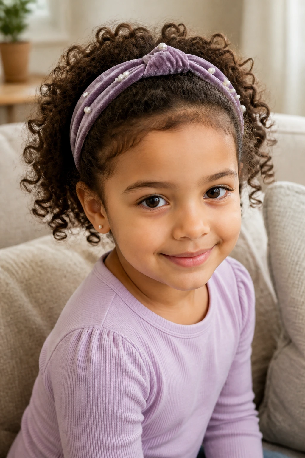 Close-up of a child wearing a velvet-lined headband with curls visible