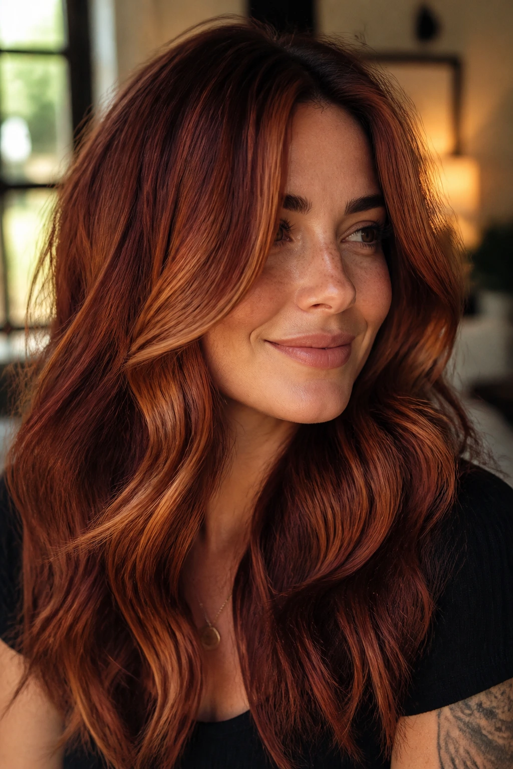 Close-up portrait of a real woman with deep auburn hair and cinnamon frosting highlights by a warm window
