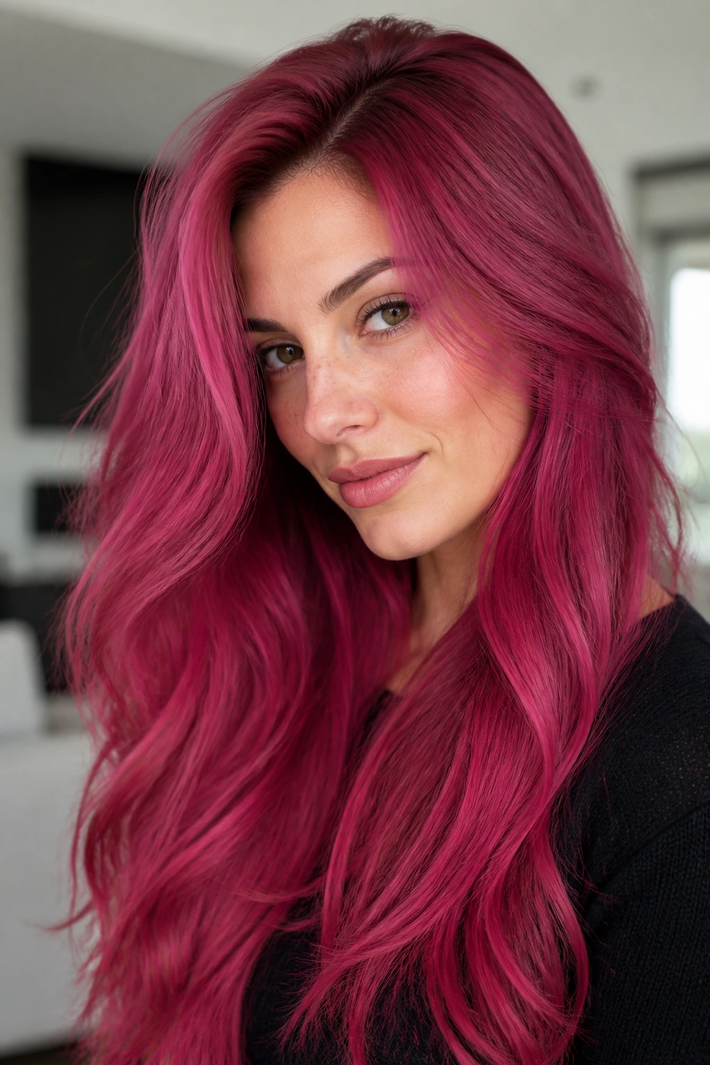 Close-up portrait of a real woman with deep berry-pink hair from roots to tips