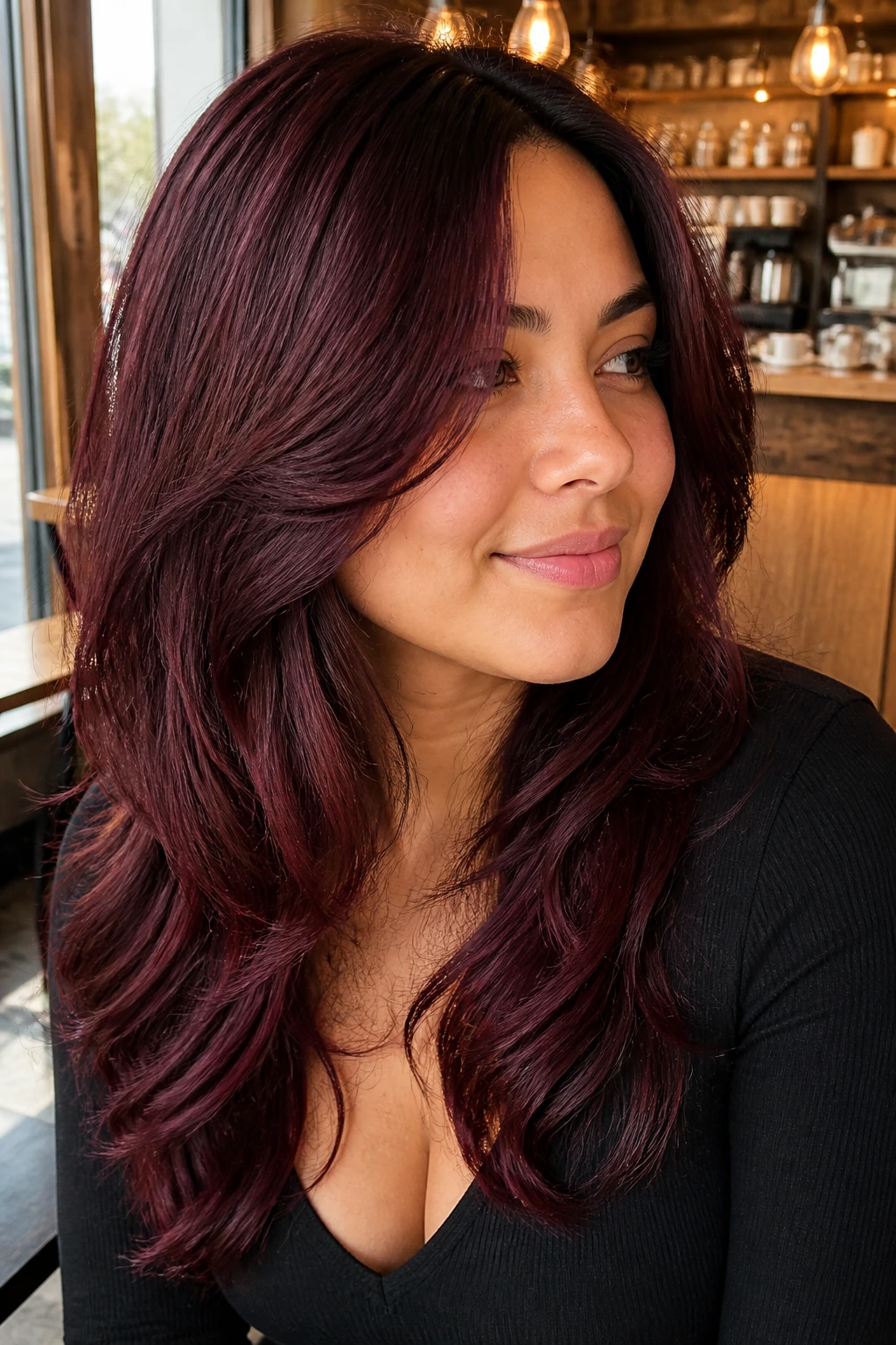 Real person with deep cherry wine layered hair in cozy cafe lighting