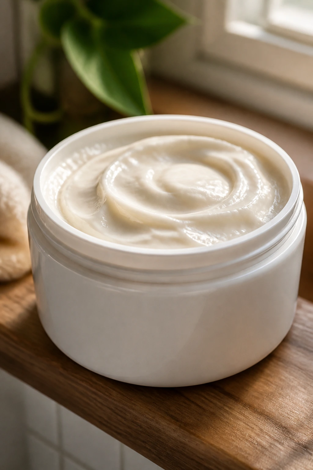 Close-up of unlabeled deep conditioner jar with cream inside on wooden shelf.