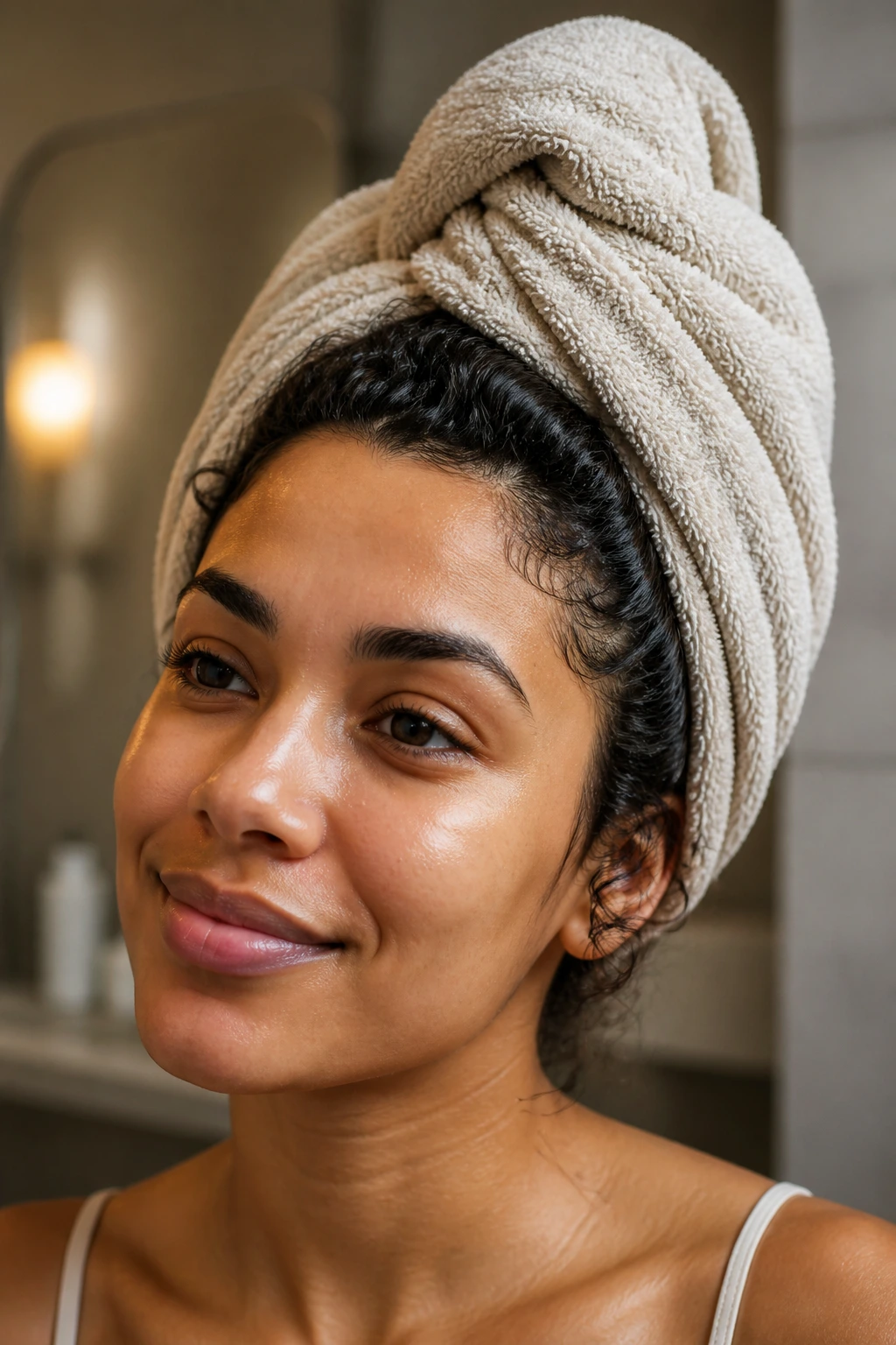 Close-up of a person with towel-wrapped head during deep conditioning