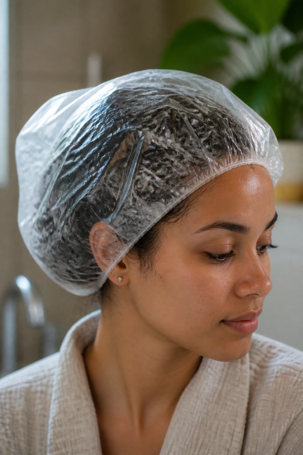 Close-up of damp hair under a clear conditioning cap in a bathroom