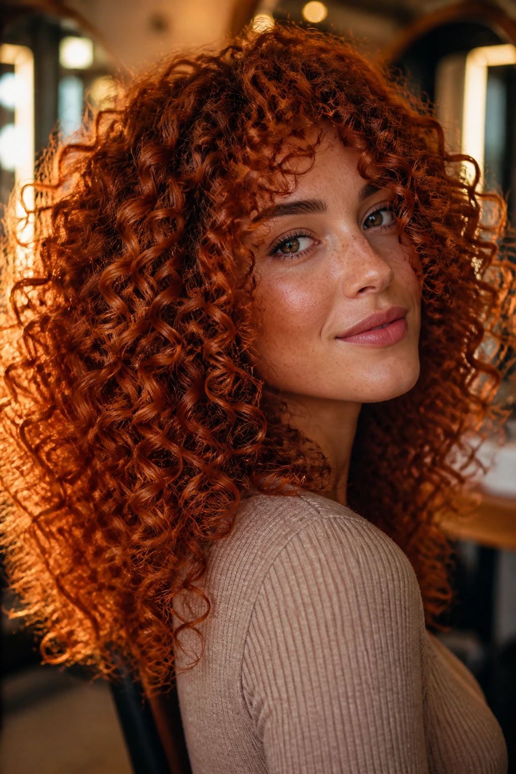 Close-up of a real person with copper-toned curls in warm lighting