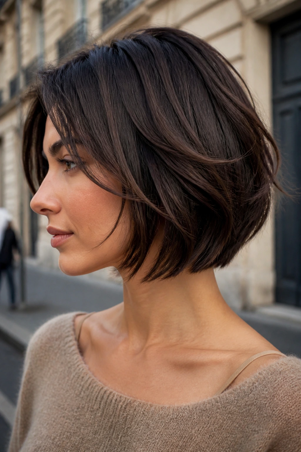 Portrait of a real woman with deep-layered textured bob showing movement.