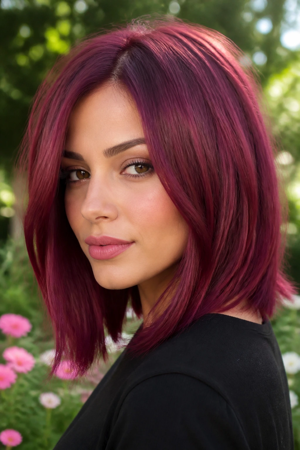 Close-up of a real person with a deep magenta long bob in outdoor daylight.