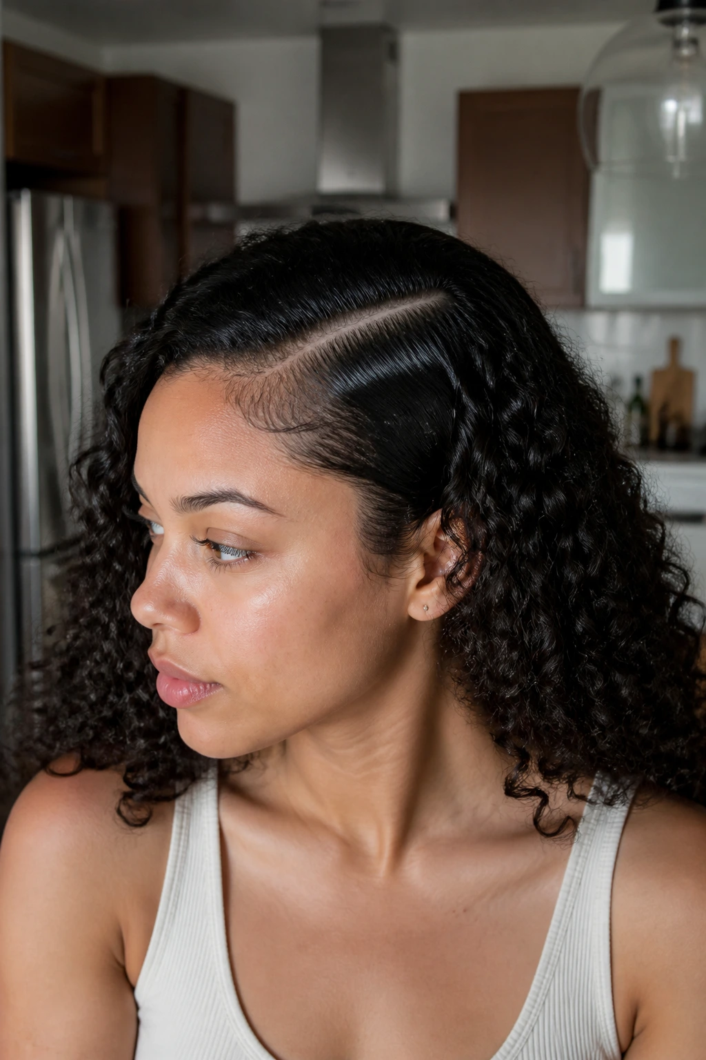 Close-up of a real woman with a deep part and crisp line in her hair