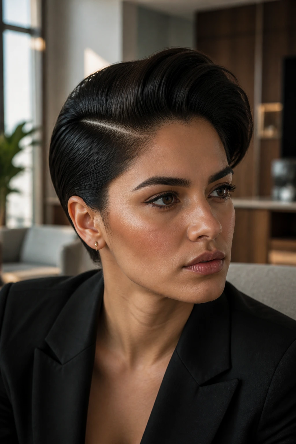 Portrait of a real person with deep-part quiff and a formal look.