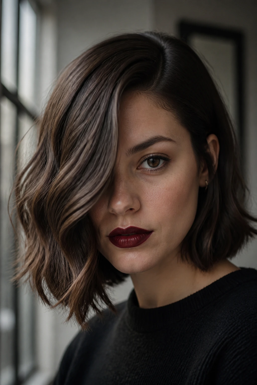 Real woman with blunt bob and deep-part waves for a moody editorial look.