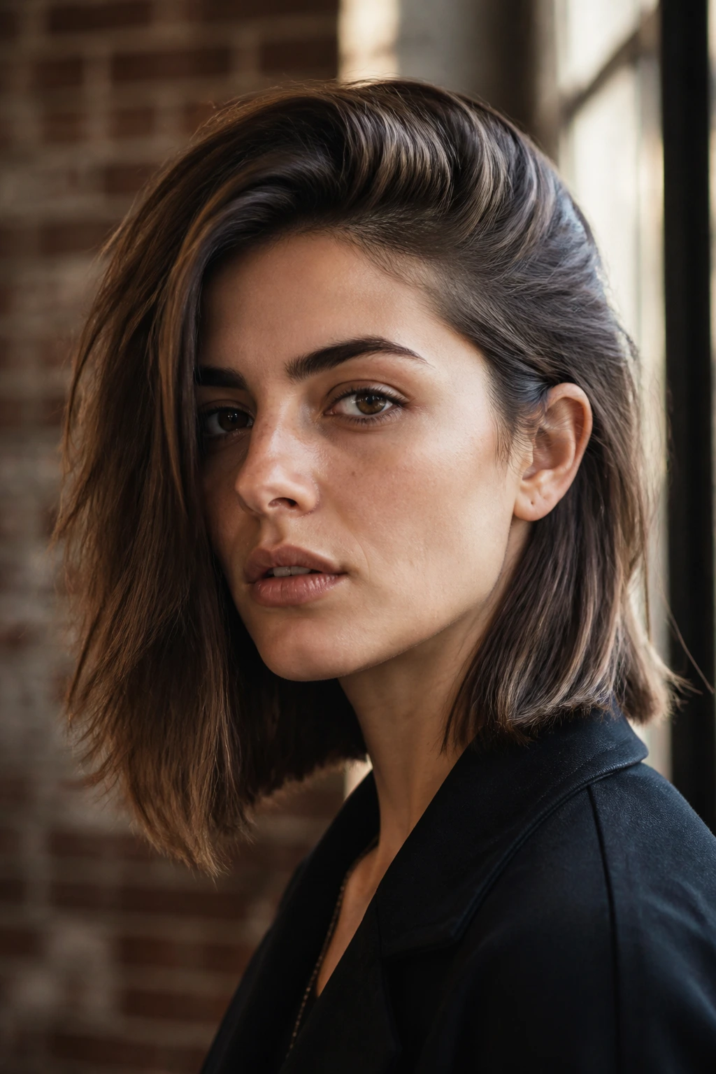 Portrait of a real person with a dramatic deep-parted side-swept long bob
