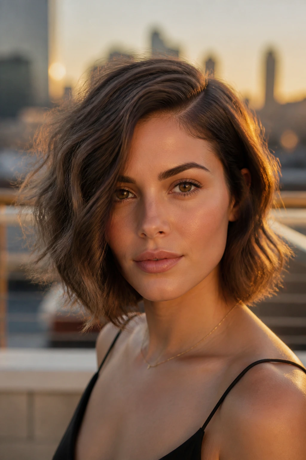 Close-up portrait of a real woman with deep-parted wavy bob in golden hour rooftop setting