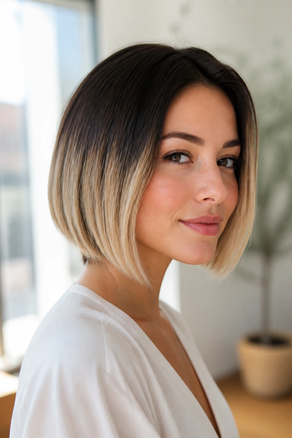 Close-up of a woman with deep-rooted bob gradient