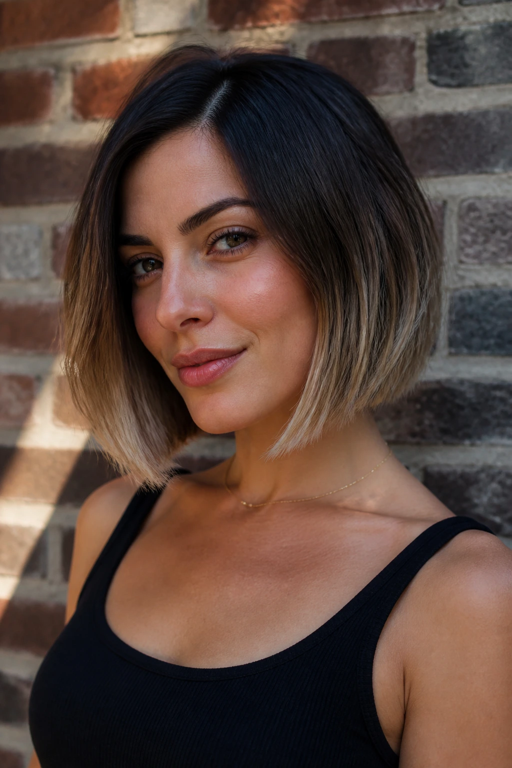 Close-up of a real woman with deep-rooted ombré A-line bob from dark roots to lighter ends