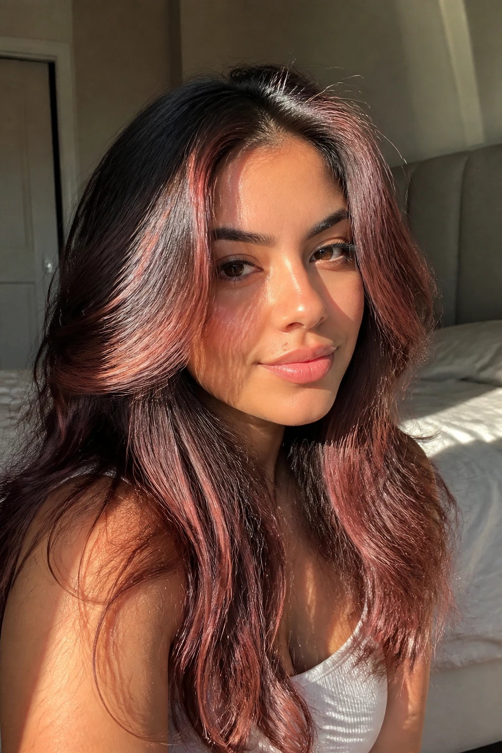 Close-up of a real woman's dark hair with deep rose-gold tint in sunlight