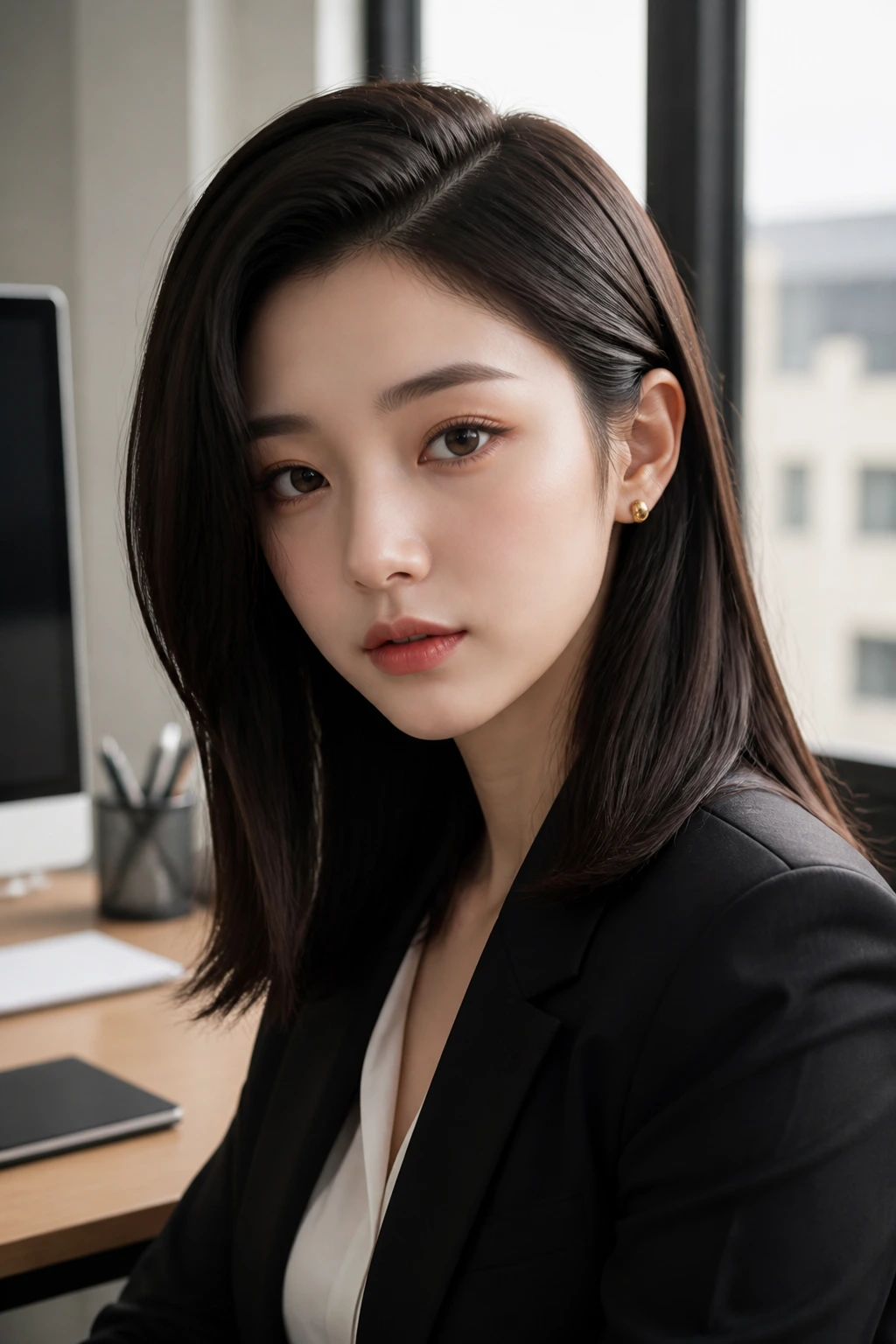 Close-up portrait of a real woman with a deep side part and straight ends in an office