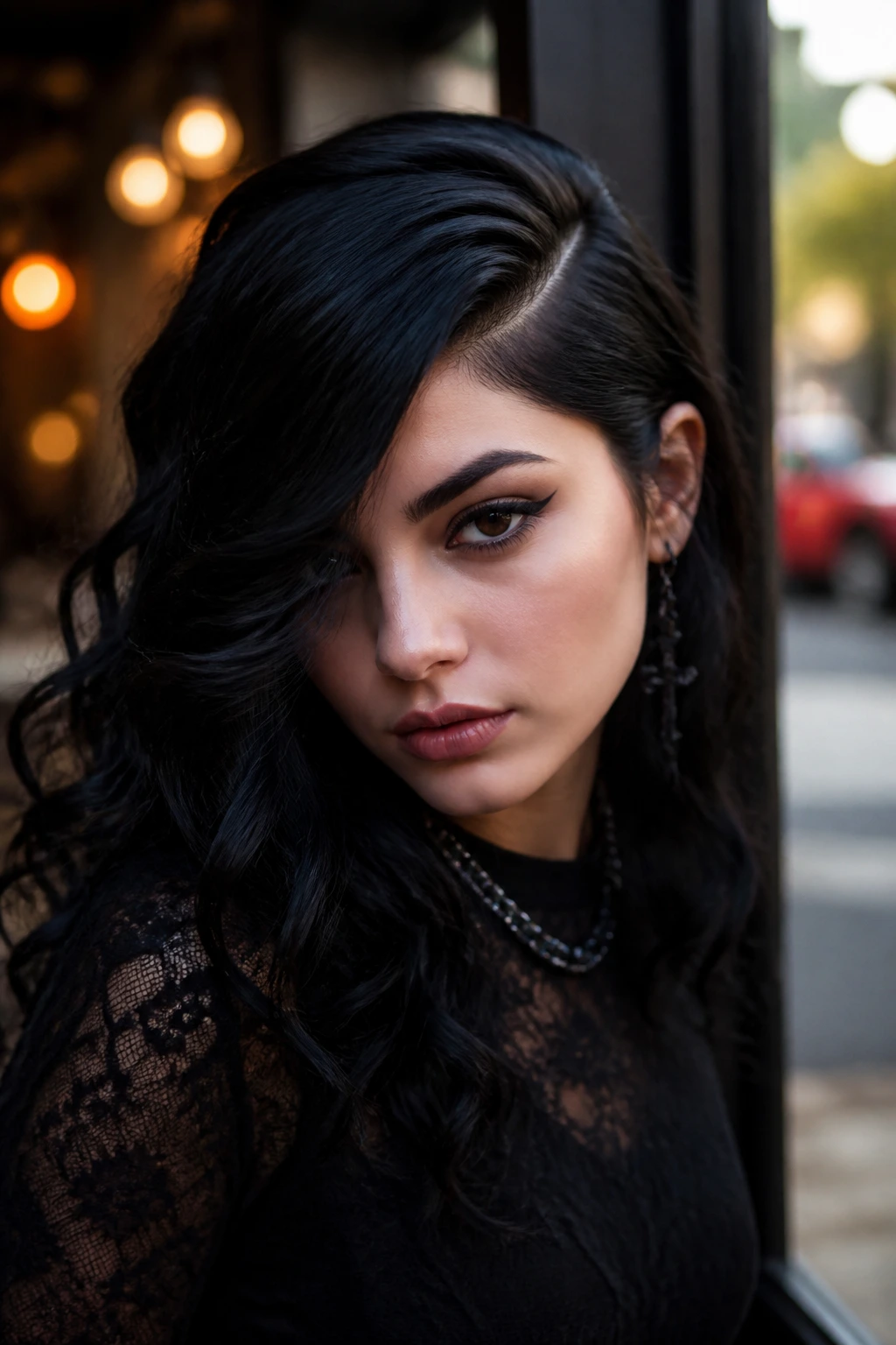 Close-up of Latina woman with deep asymmetrical side part and waves