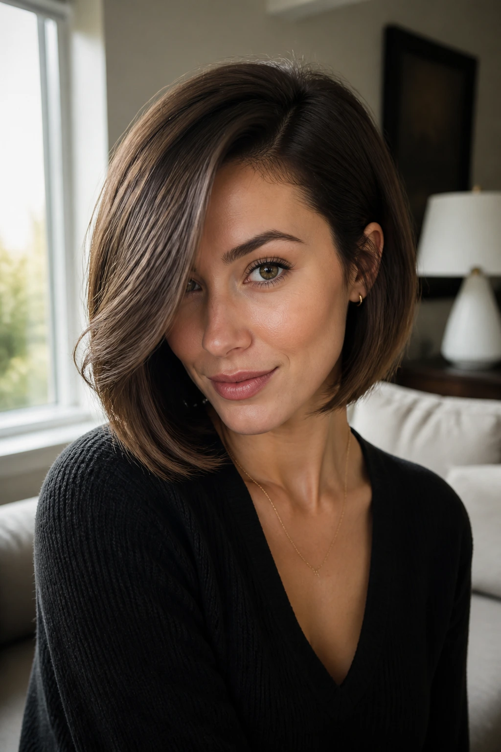 Close-up portrait of a real woman with a deep side-part bob