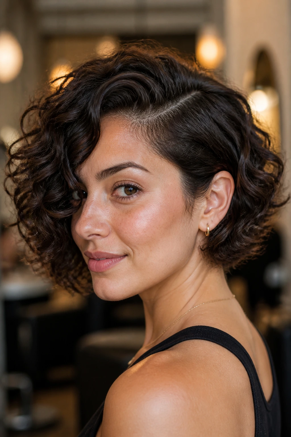 Close-up of a real woman with a deep side-parted short curly bob.