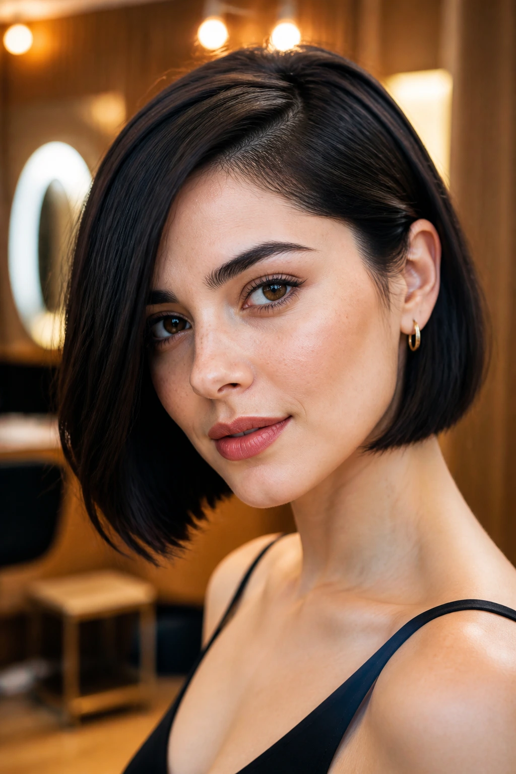 Portrait of a woman with a deep side-parted jaw-length bob.