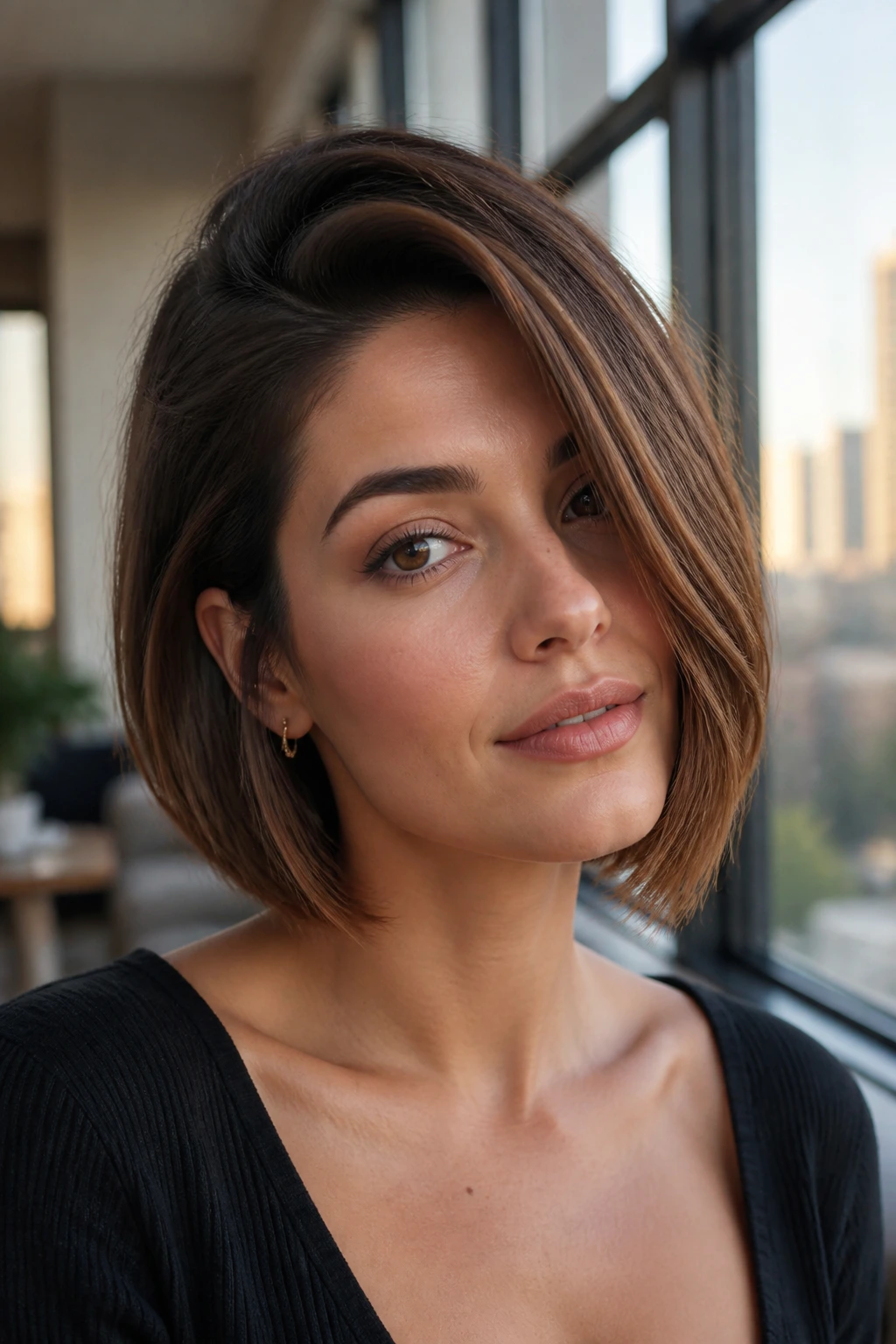 Portrait of a woman with a deep side-parted bob