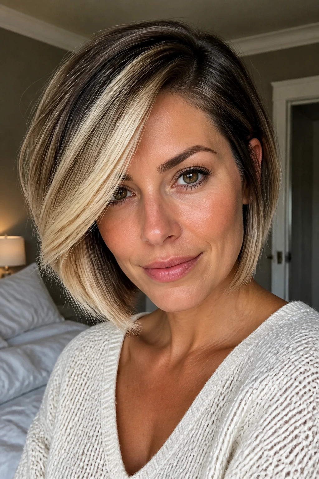 Close-up of a real woman with a deep side-part bob and bright blonde accents