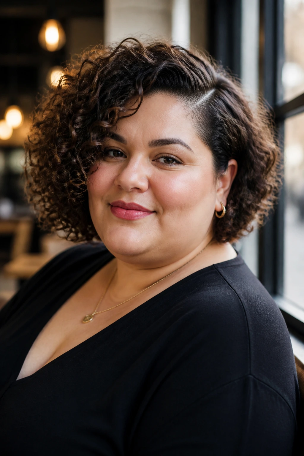 Close-up portrait of a woman with a deep side-part curly bob by a cafe window.