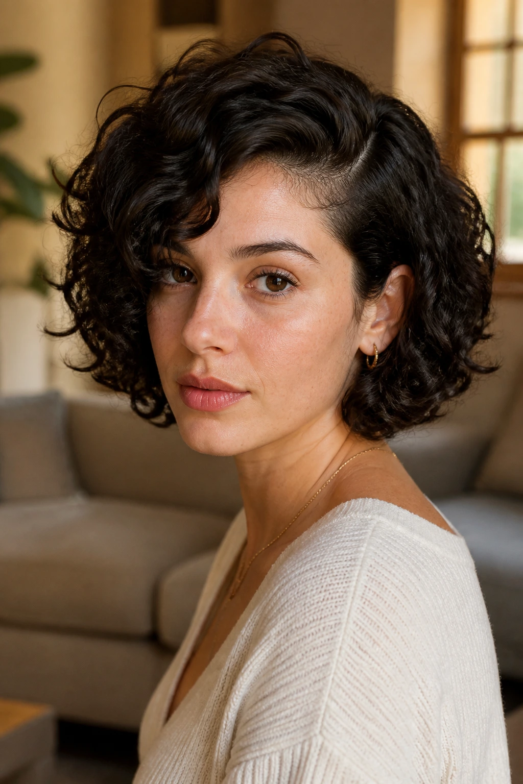 Close-up portrait of a real woman with a deep side-part bob hairstyle